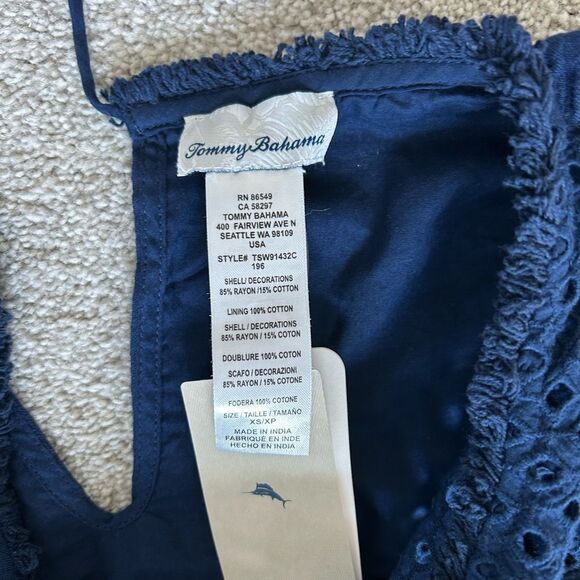 Tommy Bahama Crinkle Shift Dress Lace Top Lined Summer Dress, Navy, XS, NWT - Picture 9 of 11